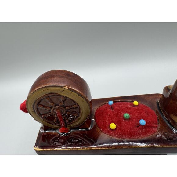 Enesco Spinning Wheel Pin Cushion, Tape Measure, Thimble Holder Vintage - Picture 3 of 11
